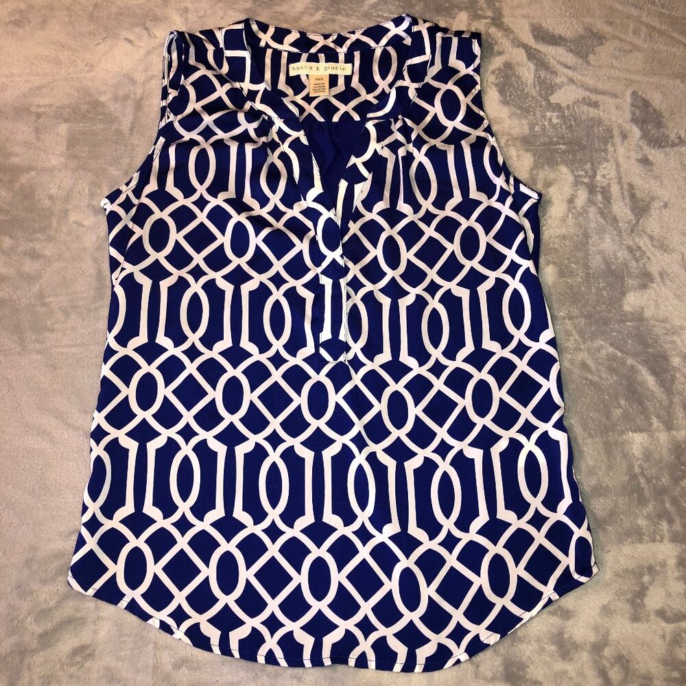 Hanna & Gracie Sleeveless Blouse Womens Small Blue White Geometric Knit Top